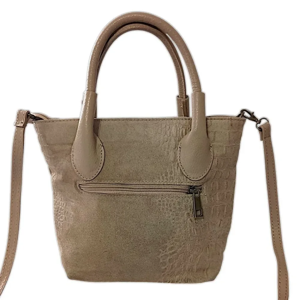 Borse in Pelle Suede Crossbody Bag Mini Bucket Bag Faux Croc Embossed Tan Italy.
